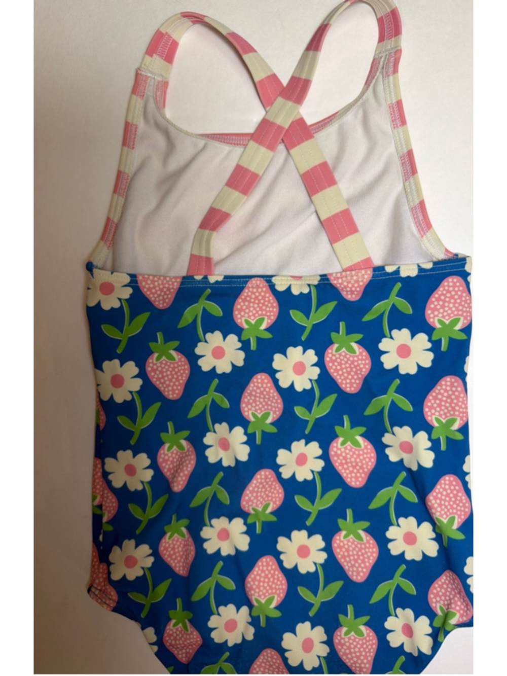 Girls Mini Boden One Piece Swimsuit 3T Blue Pink Strawberry Floral Bathing Suit - Picture 3 of 5